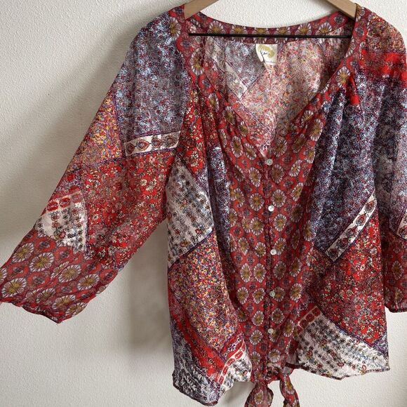 Fig and Flower Top Womens 3X Plus Floral Sheer Button Up Tunic Boho Tropical - Picture 4 of 16